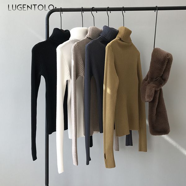 

lugentolo wolomen sweater high collar koran slim casual knit stripe solid lady warm bottoming temperament long sleeve sweaters, White;black