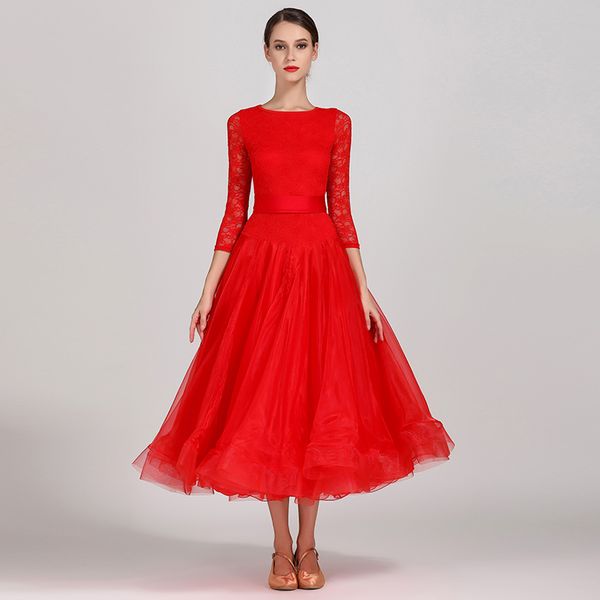 

new ballroom dance dress for women modern waltz standard competition dance dress black red blue 1/2 sleeve lace dress s-2xl