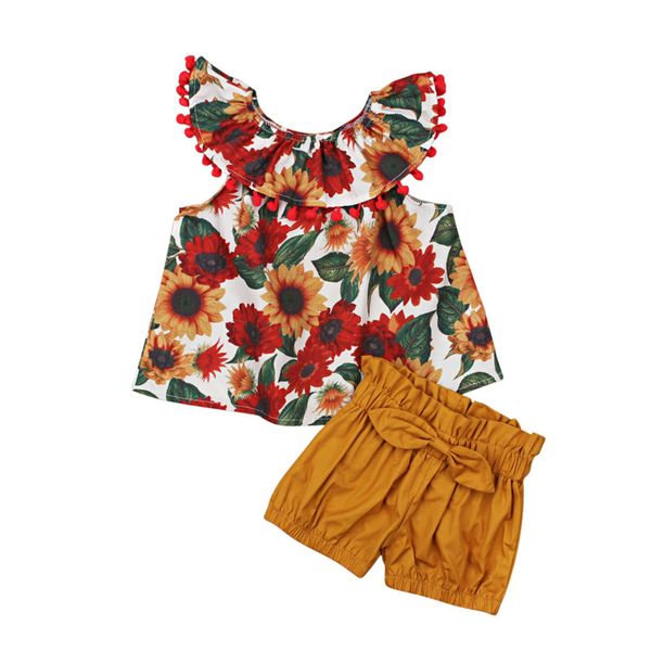 Conjunto de roupas infantis para bebês meninas com borla de girassol, gola folha de lótus + calças curtas com laço, roupa de verão para crianças