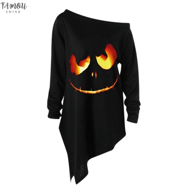 

pus size s 3xl halloween funny gothic print women skew collar long sleeve shirt autumn pullover casual blusas feminina @45, White