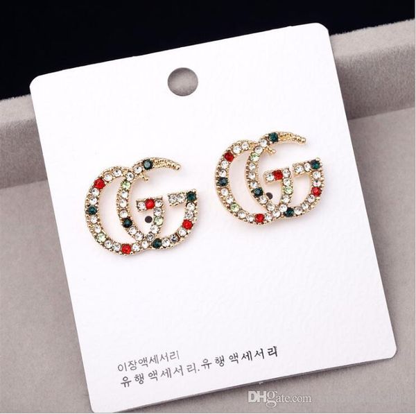 

luxury designer earrings with red white green stone women jewelry stud letter earrings with crystal for party