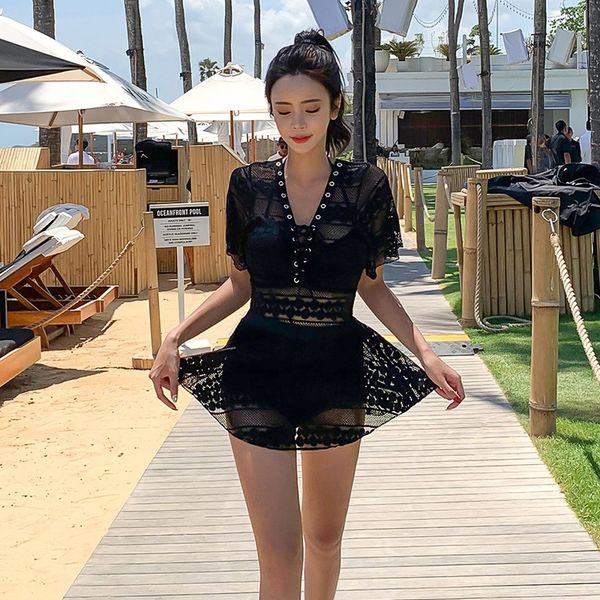 

black lace back-leaking one-piece women's belly-covering skirt steel holder gathering lace swimsuit two-piece swimsuit, White;black