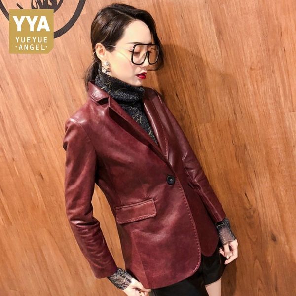 

2019 spring autumn women genuine leather blazer jackets office lady long sleeve real sheep leather suits jacket female slim coat, Black