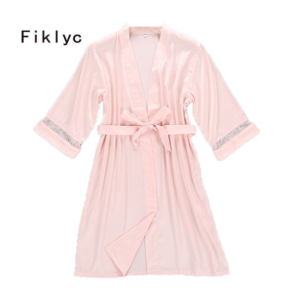 

fiklyc brand three quarter sleeve women's kimono bathrobes fashion lace & satin patchwork female nighties robes sleepwear, Black;red