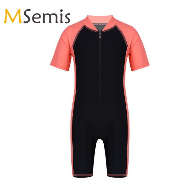 

kids girls gymnastic swimsuit boys dance leotard balllet bodysuit short sleeves zippered shorty wetsuit swimwear bathing suit, Black;red