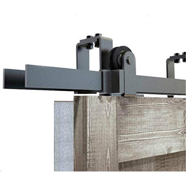 Kit di rulli per porta scorrevole nera rustica con montaggio superiore per doppia porta in legno bypass da 5-8FT per fienile scorrevole per soffitto basso Nuovo design