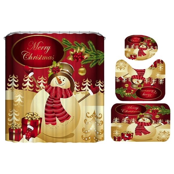 

4pcs christmas snowman shower curtain bathroom anti-slip carpet rug toilet cover
