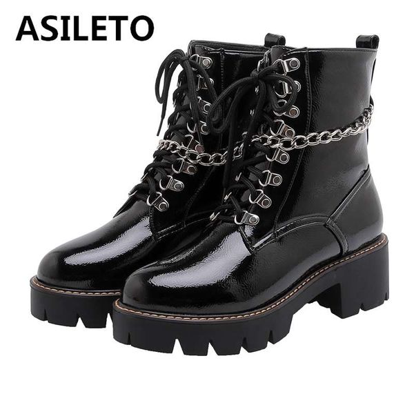 

asileto rock punk women shoes motorcycle boots women zipper patent leather high heels platform cross-tied party ankle boots bota, Black