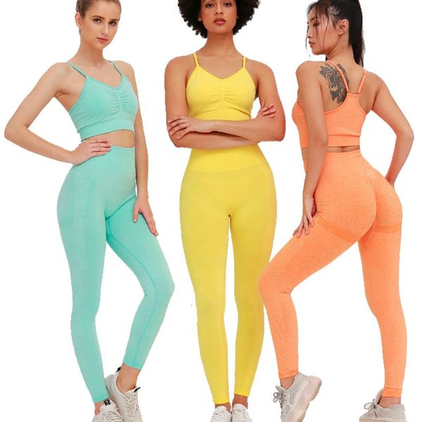 

women neon color stretchy compression bulift scrunch seamless yoga fitness set 2020