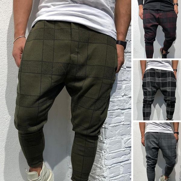 

fashion pants men 3d plaid print pocket trousers pencil pants casual sports gym wear gradient track, Black