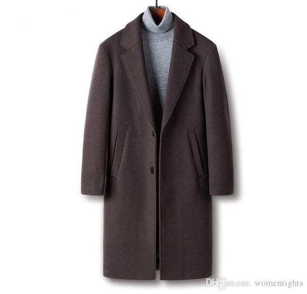 

mens designer solid color woolen coat slim casual mid length single breasted suit style homme coat, Black