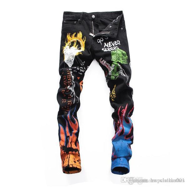 

european and american high street tide brand skull blue fire letters blac trousers ripped casual denim men pantsmens jeans fash