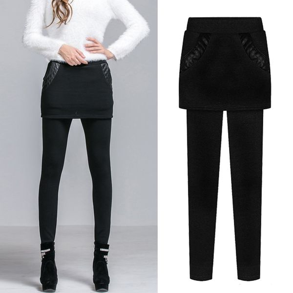 

fashion pants women autumn winter warm and velvet thickening splice leggings wear fake two culottes pantalones mujer#guahao, Black;white