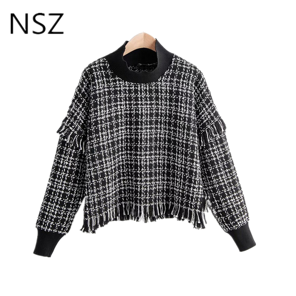 

nsz women oversized houndstooth tweed blouse tassel shirt high neck plaid fashion cropped checked elegant female clothing, White