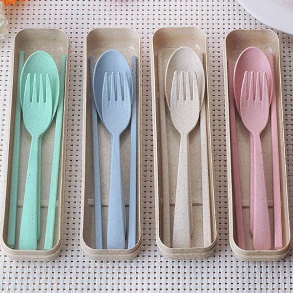 

new travel portable wheat straw spoon fork chopsticks tableware 3pcs set eco-friendly reusable children students kitchen cutlery