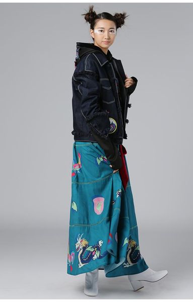 

chinese dragon patchwork denim jacket, Black;brown