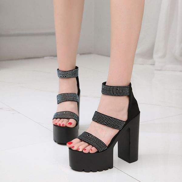 

new european and american high heels in summer 2019 fashionable sandals thick heels womens roman shoes waterproof platform drill 14cm, Black