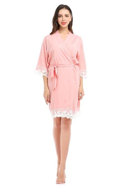 

women night robe home suit cotton lace edge sleepwear solid loose 3/4 sleeve knee-length v-neck nightgown dress pejamas, Black;red