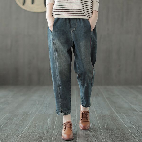 

johnature straight pants women spring denim pants 2019 new elastic waist pockets trouser blue women casual ankle-length, Black;white