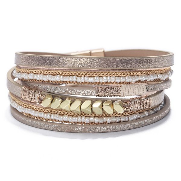 

d&d multilayer metal beads leather bracelets for women fashion slim strips multilayer wide wrap bracelet femme jewelry, Golden;silver