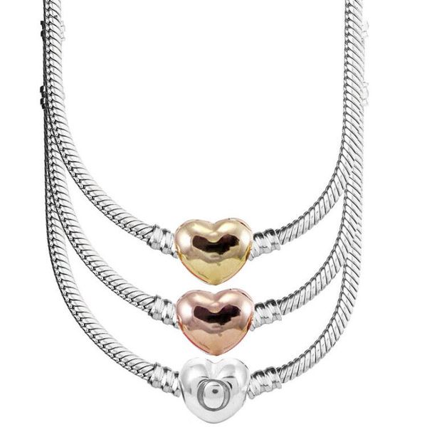 

new 925 sterling silver necklace rose gold smooth love heart clasp snake chain necklace for women wedding gift fine jewelry