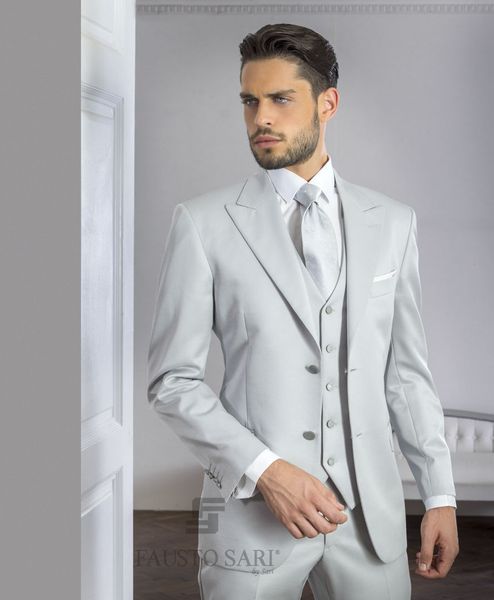 Marka Yeni Açık Gri Damat Smokin Çentik Yaka Sağdıç Düğün 3 Parça Suit Mükemmel Erkekler İş Ceket Blazer (Ceket + Pantolon + Kravat + Yelek) 655