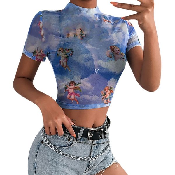 

summer womens and blouses streetwear print o neck ladies crop transparent blouses woman clothes 2019, White