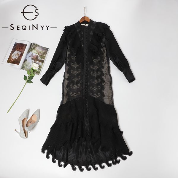 

seqinyy long dress 2020 summer spring new fashion design women flowers hollow lace buttons loose elegant dress, Black;gray