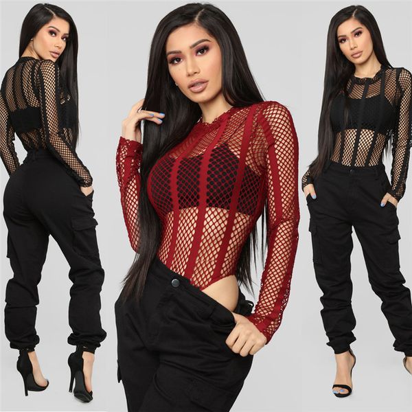 

women see through bodysuit bodycon jumpsuit romper leotard playsuit long sleeve mesh fishnet hollow out bodycon bodysuit rompers, Black;white