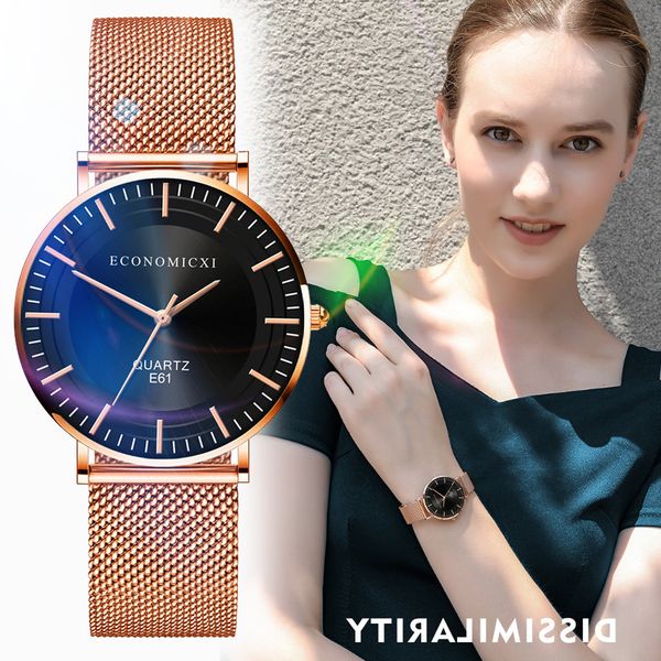 

women watches stainless steel rose gold mesh buckle watch casual luxury women quartz watches montre homme 2019, Slivery;brown