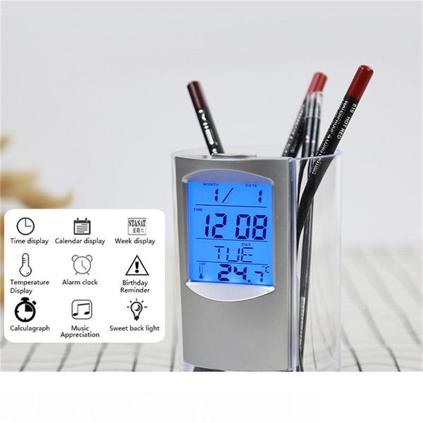 

digital backlight led display alarm clock calendar dual purpose portable transparent pen holder silent alarm clock