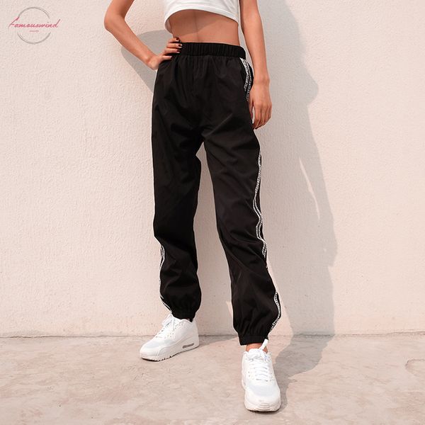 

fashion side autumn letter sweatpants women stripe stretch high waist pencil streetwear jogger cargo pencil pants, Black;white