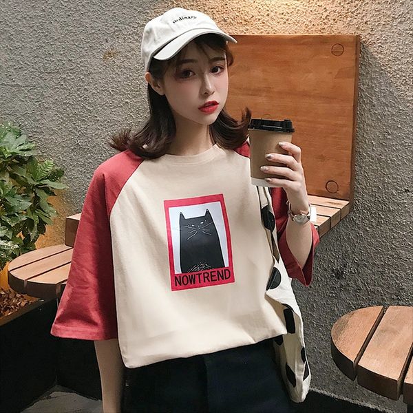 

cotton 2020 printed cat color matching casual slim short-sleeved t-shirt women's wear outside cotton 2020 printed cat color matching to, White