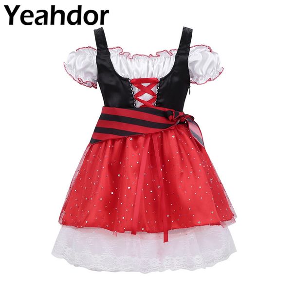 

kids girls pirate costume glittery sequins off shoulder elastic short sleeves halloween theme party dress flower girls dress up, Red;yellow