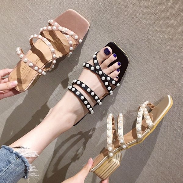 

shoes med string bead slippers women summer slides heeled mules cross-tied thin heels pantofle square toe high, Black