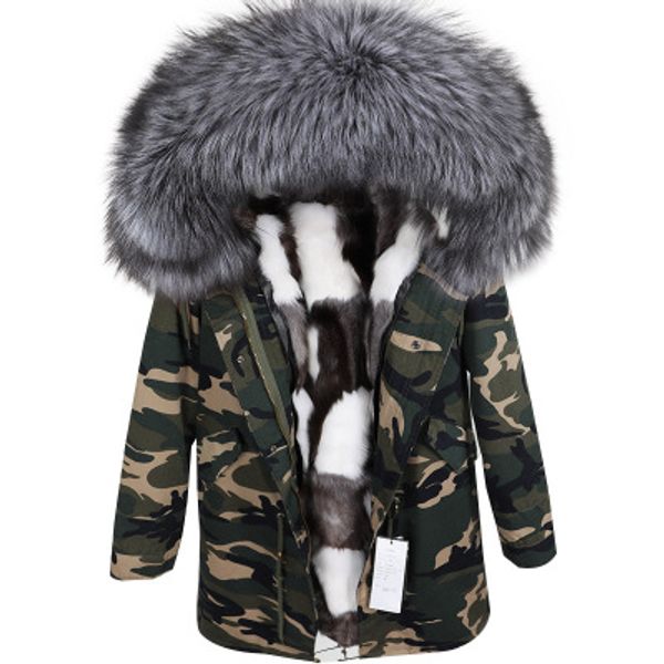 

new listing silver fox fur trim maomaokong black white lattice fox fur lined camouflage shell long parka warm furs jackets