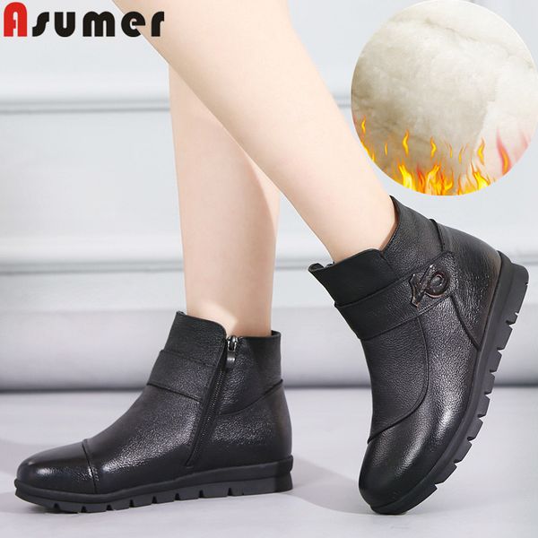 

asumer fashion new genuine leather snow boots round toe zip ladies ankle boots flat with comfortable keep warm wool winter, Black