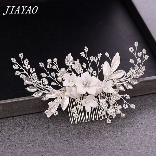 

pearl rhinestone white flower wedding hair combs bridal hair accessories women head jewelry elegant flower bride hair comb tiara, Golden;white