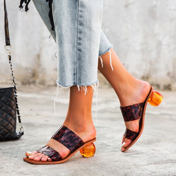 

women pvc leopard print crystal round high heels slides female 2020 summer fashion fetish slippers slingback mules shoes, Black