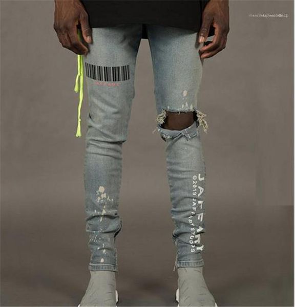 

mens street hip hop pantalones homme fashion pencil pants mens designer skinny jeans ripped hole light blue jeans