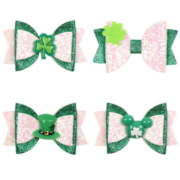 

10pcs/lot christmas kids hair clip glitter hair bows hairpins shamrock clover children barrette accessories, Slivery;white