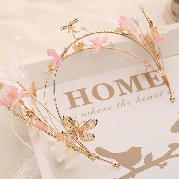 

golden wire pearl headband crown pinc flower dragonfly hairband headapiece head chain wedding bride hair jewe;ry accessories bh, Golden;white