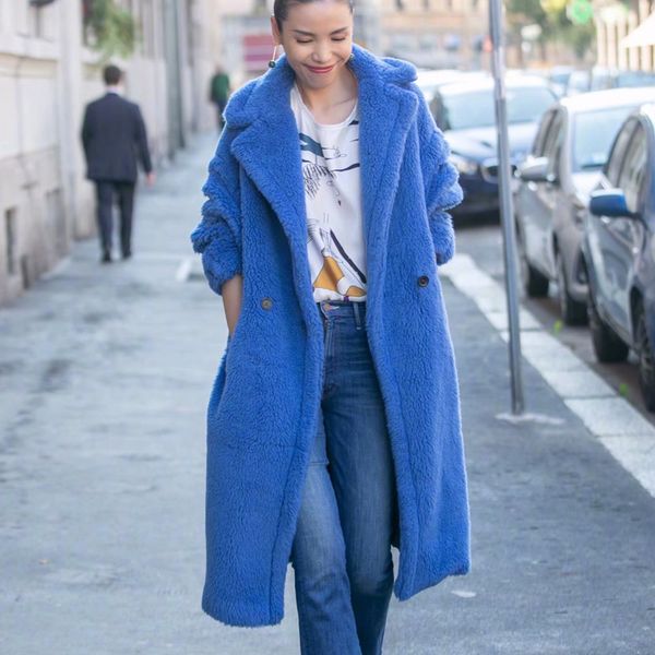 

elina turn down collar coats women fashion faux lamb fur long jackets women elegant double breasted coats female ladies jh, Black