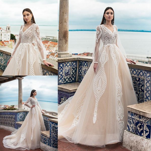 

oksana mukha a line beach wedding dresses v neck fairy lace long sleeve bridal gowns plus size illusion bodice robe de mariÃ©e, White