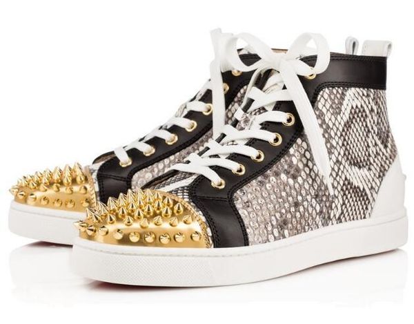 

most prefer birthday gift,luxury party shoes spikes red bottom sneaker flat men high lace-up sneakers men casual sneaker wedding s02, Black