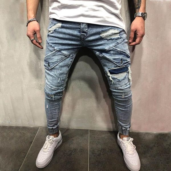 

fashion men jeans mens slim casual pants elastic trousers light blue fit loose cotton denim eans for male