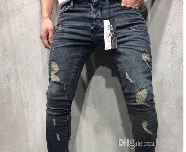 

2019 new hole small feet jeans feet zipper trend mens middle waist jean asian size type jeans, Blue