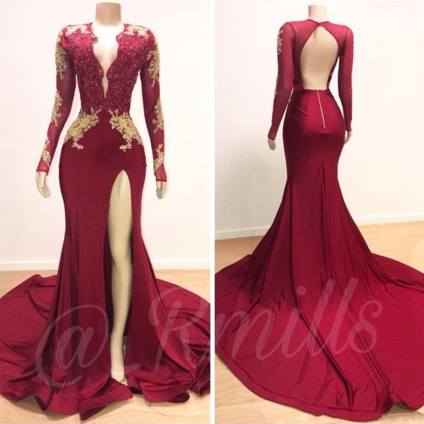 

New burgundy prom dre e 2019 long leeve mermaid plu ize gold lace applique high plit african arabic formal evening party gown