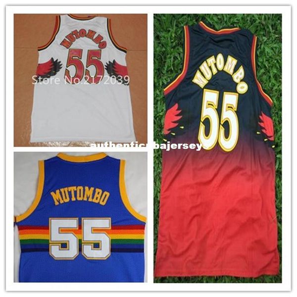 

лучшее качество dikembe mutombo jersey # 55 dikembe mutombo белый красный синий джерси дешевые баскетбольные трикотажные изделия сшитые в ст, Black;blue