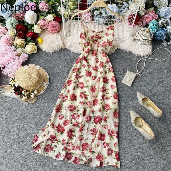 

neploe beach style floral long dress korean sleeveless v-neck high waist a-line dresses 2020 summer slim backless vestido 4a816, Black;gray